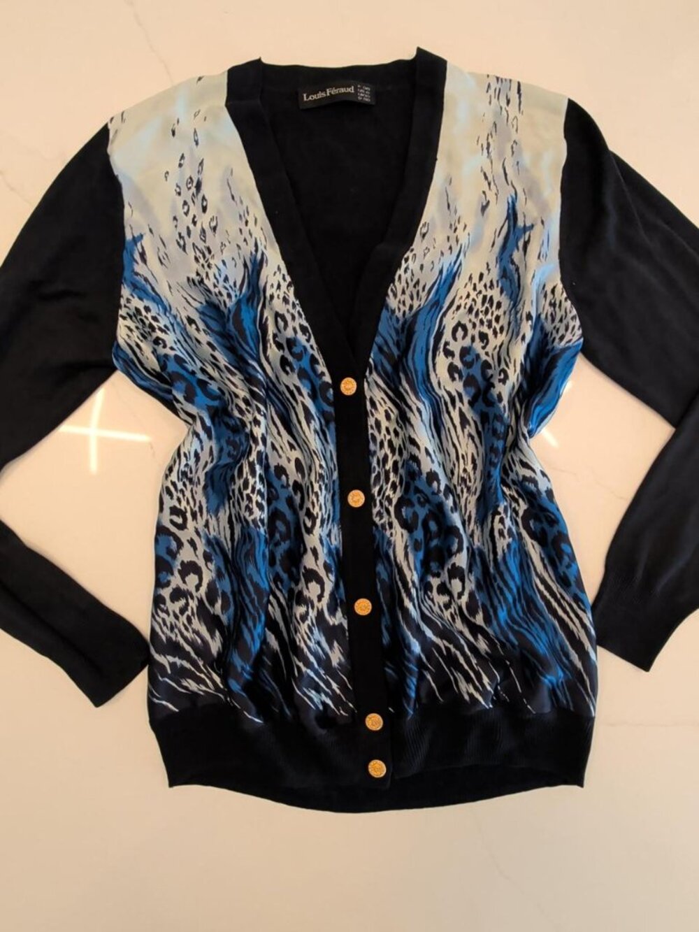 Vintage Louis Feraud 100% Silk Sz S 6 Blue Leopard Animal Print Cardigan Button